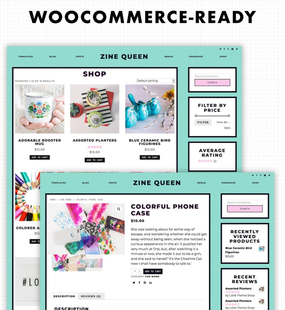 Bold Wordpress theme, Zine Queen Wordpress theme is also Woocommerce-ready if you have products to sell.
