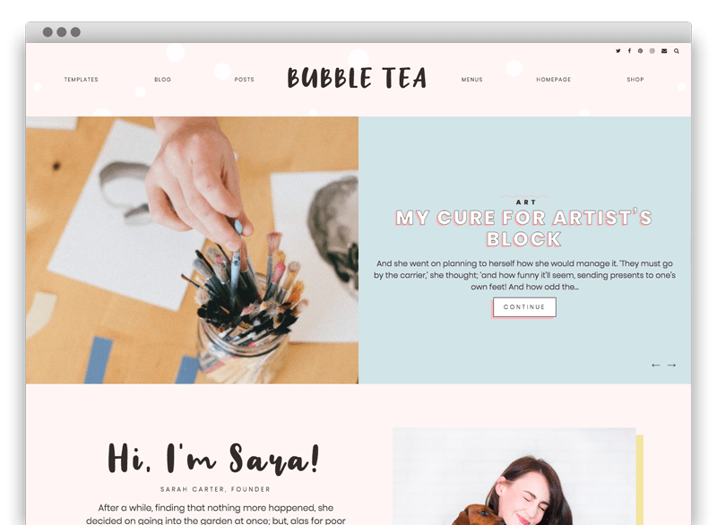 Pastel Wordpress theme Bubble Tea is a Wordpress theme for bloggers, coaches, ecommerce, and lifestyle.
