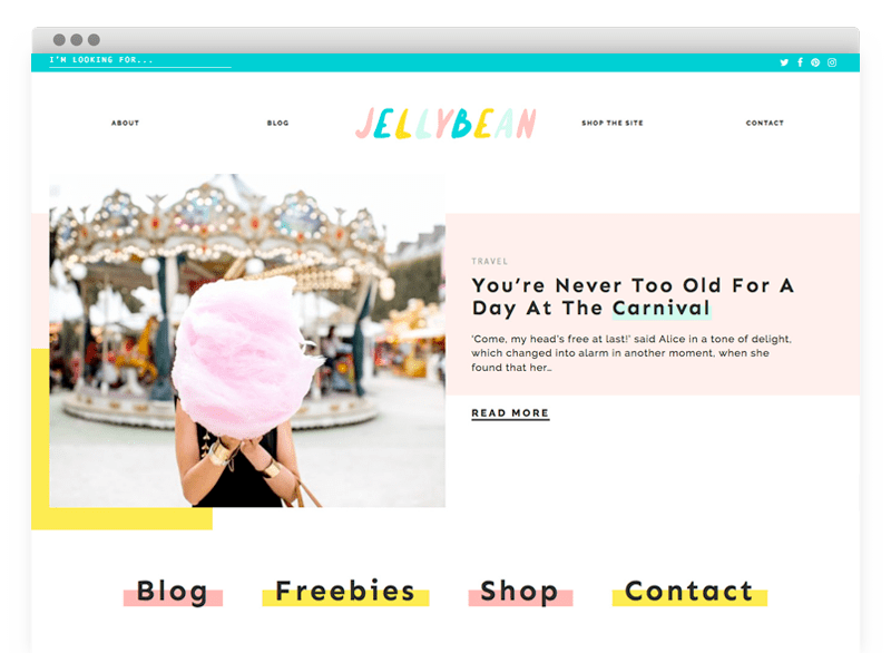 Cute Wordpress Theme, Jelly Bean Wordpress Theme for Bloggers, a screenshot of the colorful homepage