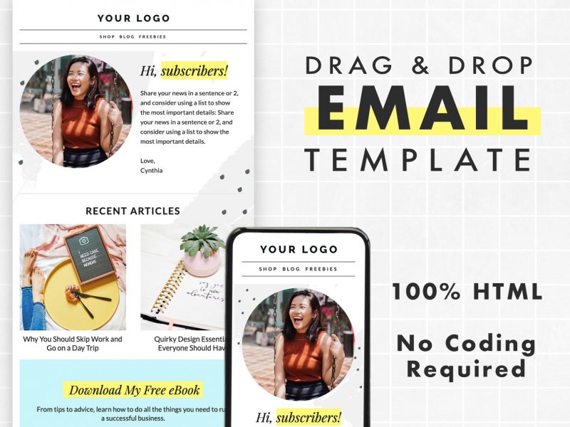 Email template for Mailchimp. A shot of the light, yellow design on both desktop and mobile. The template is 100% HTML and requires no coding.