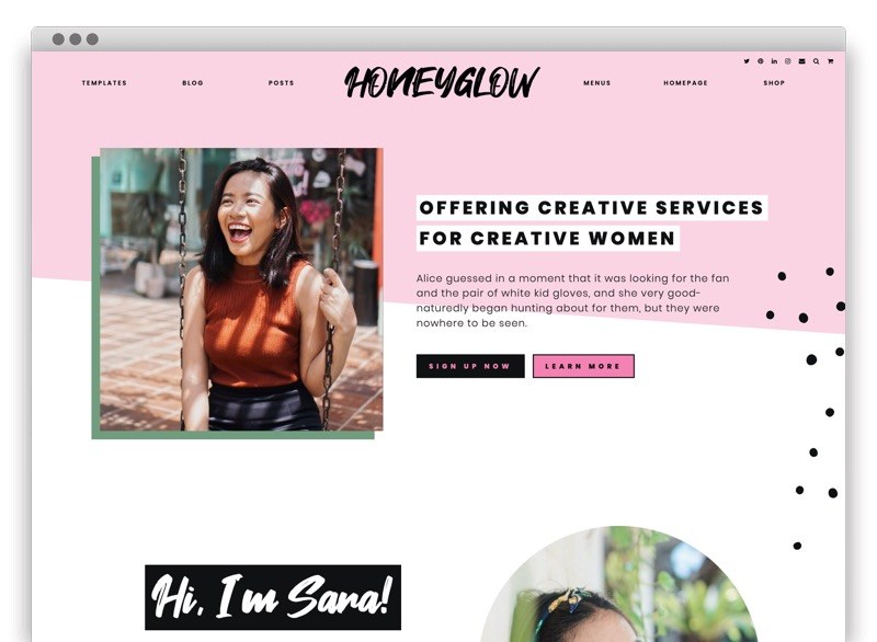 Honeyglow, pink Wordpress theme for bloggers, is perfect for bloggers, coaches, and ecommerce. A screenshot of the homepage and its unique feminine design.