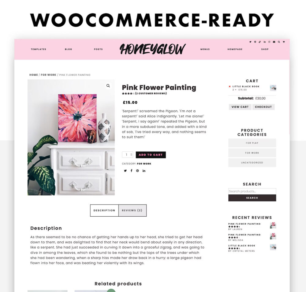 Screenshot of Honeyglow, pink Wordpress theme for bloggers, shop page powered by WooCommerce.