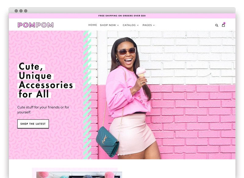 PomPom, pink Shopify theme, Shopify theme template, homepage screenshot.