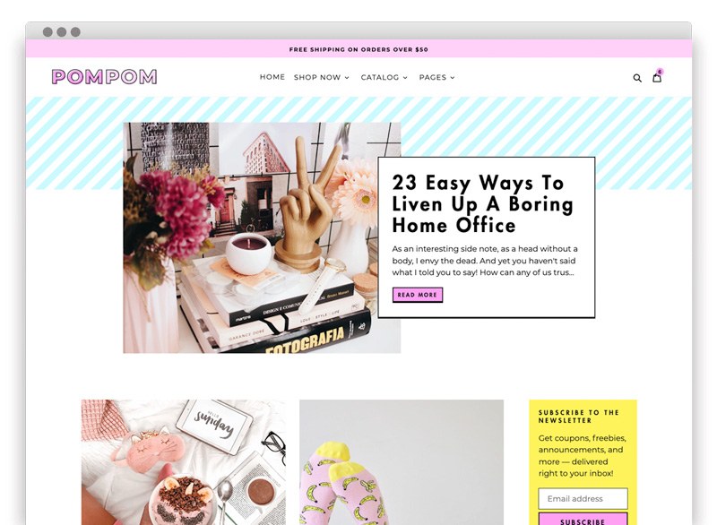 PomPom, pink Shopify theme, screenshot of the blog page template, which comes with a sidebar.