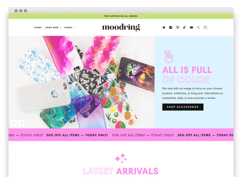 Fun Shopify theme, Moodring Shopify template. Unique, color-changing Shopify website design! Screenshot of the homepage.
