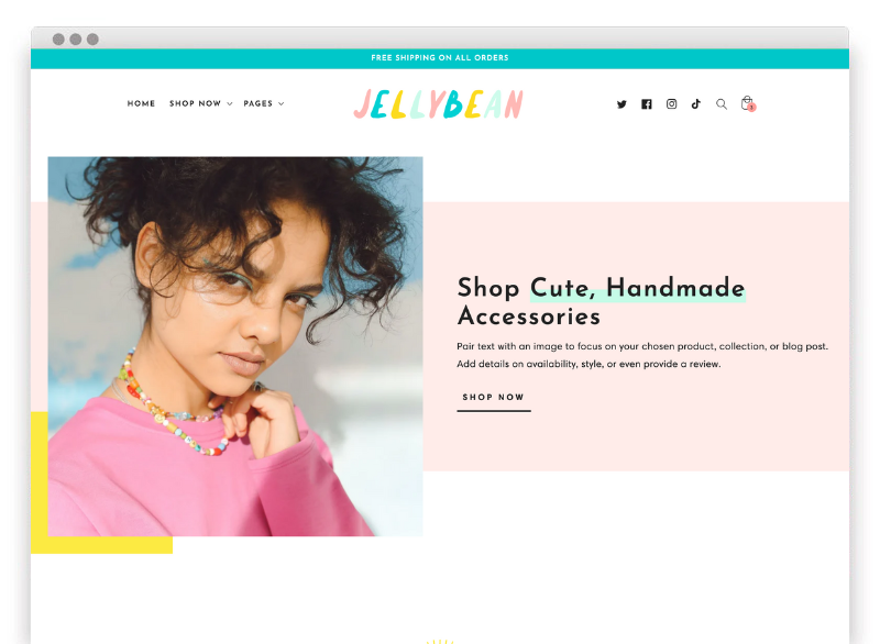 Cute Shopify theme Jelly Bean, a bright Shopify template. This Shopify theme template has a cute, bright design that's perfect for businesses and brands. A screenshot of the homepage.