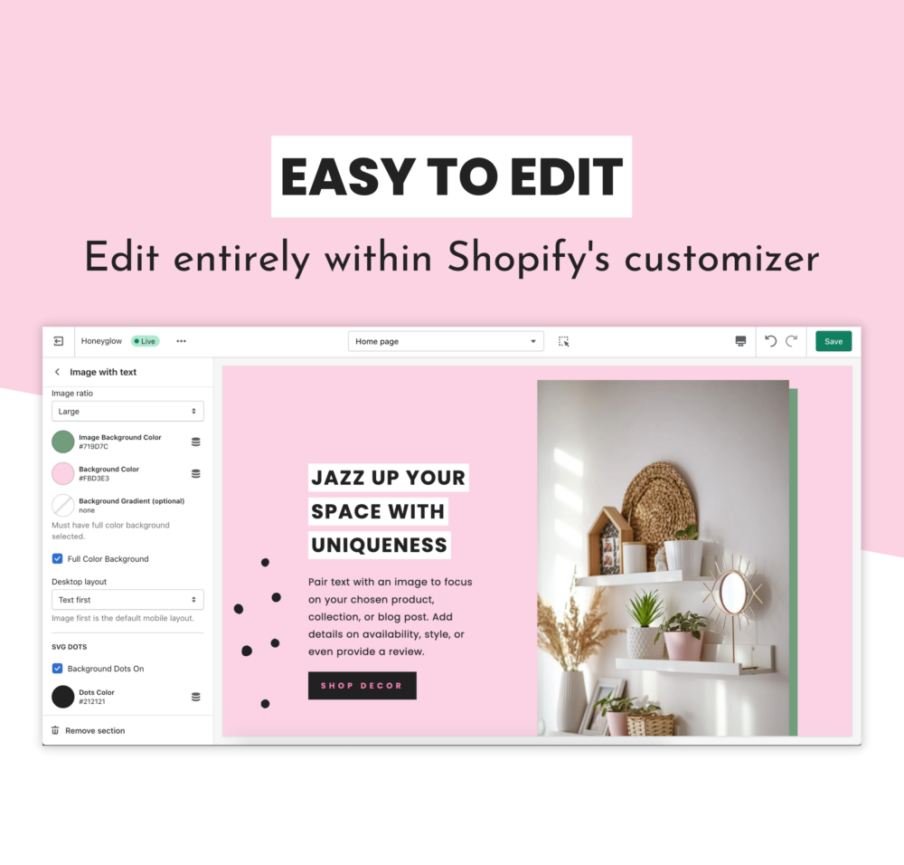 Feminine Shopify theme, Honey Glow Shopify template. This Shopify theme is easy to edit. Edit the entire theme within Shopify's Site Editor. No Canva templates required!