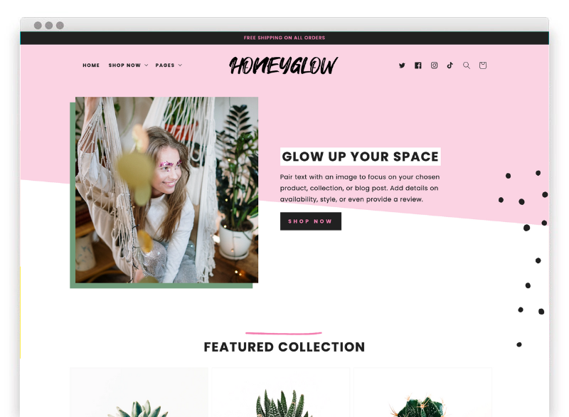 Feminine Shopify theme, Honey Glow Shopify template. A screenshot of the homepage. This Shopify theme has a bright pink design that's perfect for boutique stores and unique businesses. Compatible with OS 2.0!
