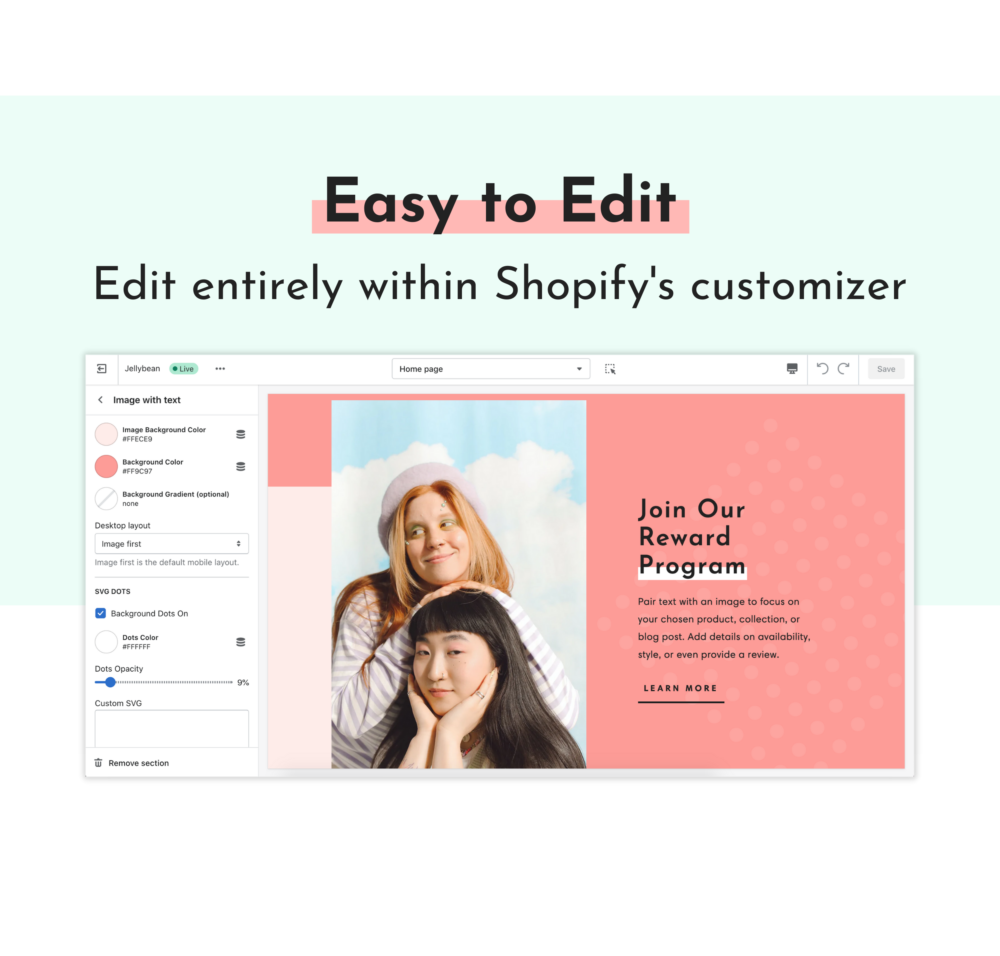 Cute Shopify theme Jelly Bean, a bright Shopify template. This Shopify theme template can be easily edited entirely within Shopify's Site Editor. Annoying Canva templates not required!