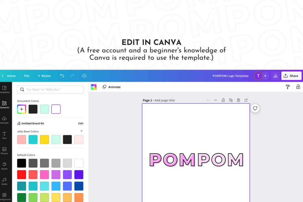 A screenshot of how to edit this pink logo template for Canva. Easily edit the pink, feminine logo within Canva. A beginner's knowledge of Canva is required to use the template.