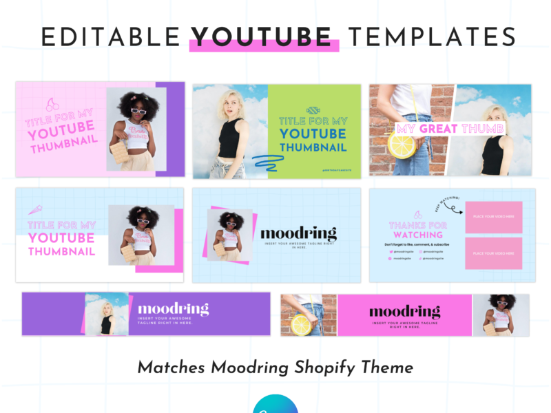 Colorful YouTube templates for Canva. Matches Moodring Shopify theme. These templates have a bright, colorful design that's perfect for bold, unique brands and businesses.