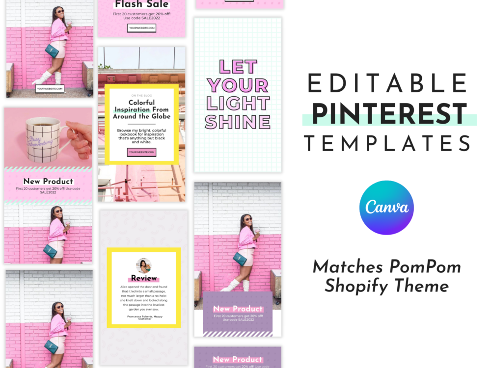Pink Pinterest templates that matches PomPom Shopify theme. An image of all the Pinterest pins included.