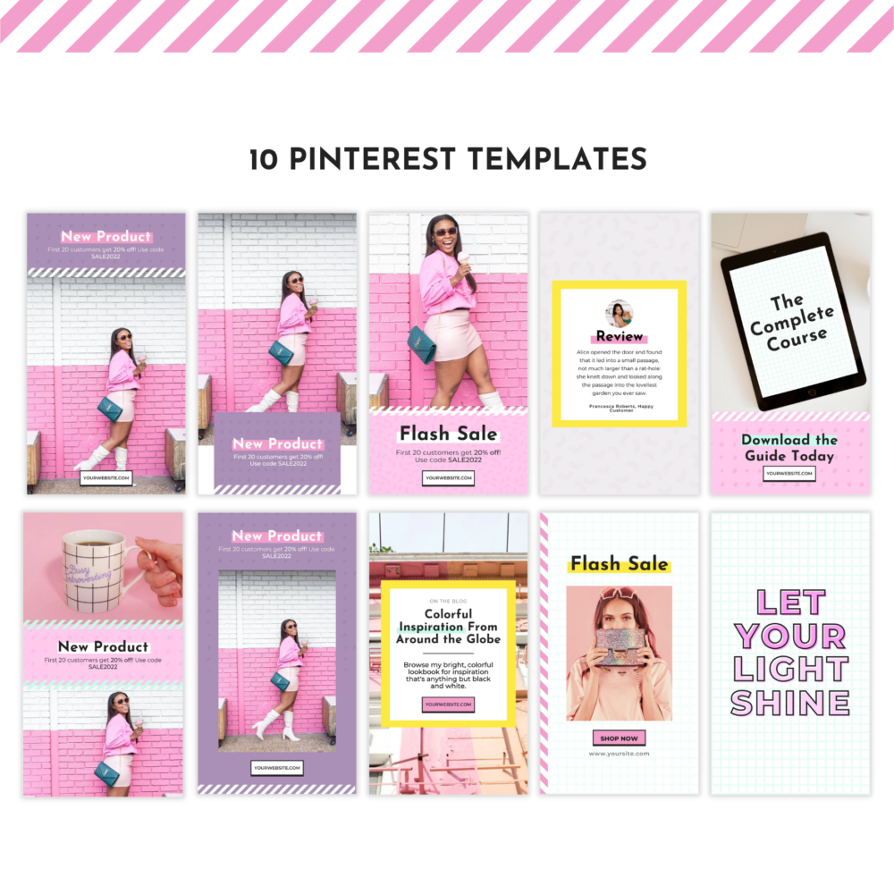 Pink Pinterest templates that matches PomPom Shopify theme. An image of all 10 Pinterest pins that come with the template.