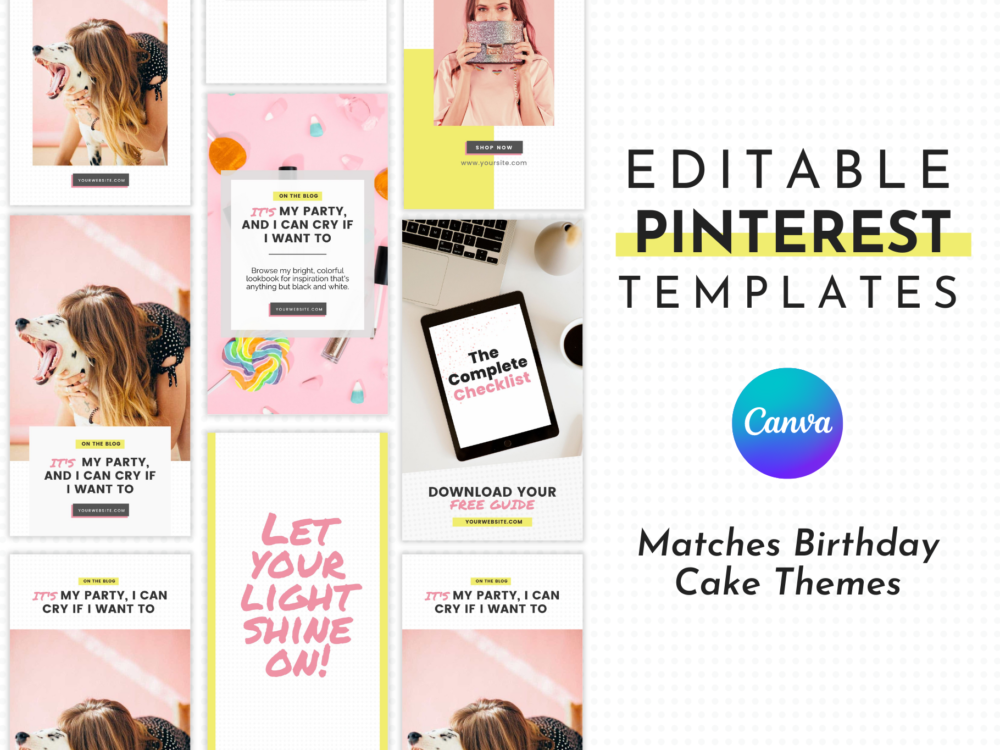Fun Pinterest templates that matches the Birthday Cake Wordpress theme. An image of the Pinterest pins that come with the template.