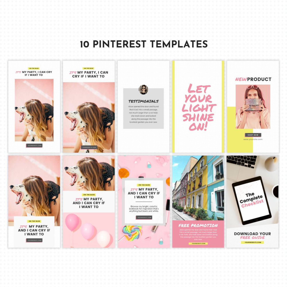 Fun Pinterest templates that matches the Birthday Cake Wordpress theme. An image of the 10 Pinterest pin designs that come with the Canva template.