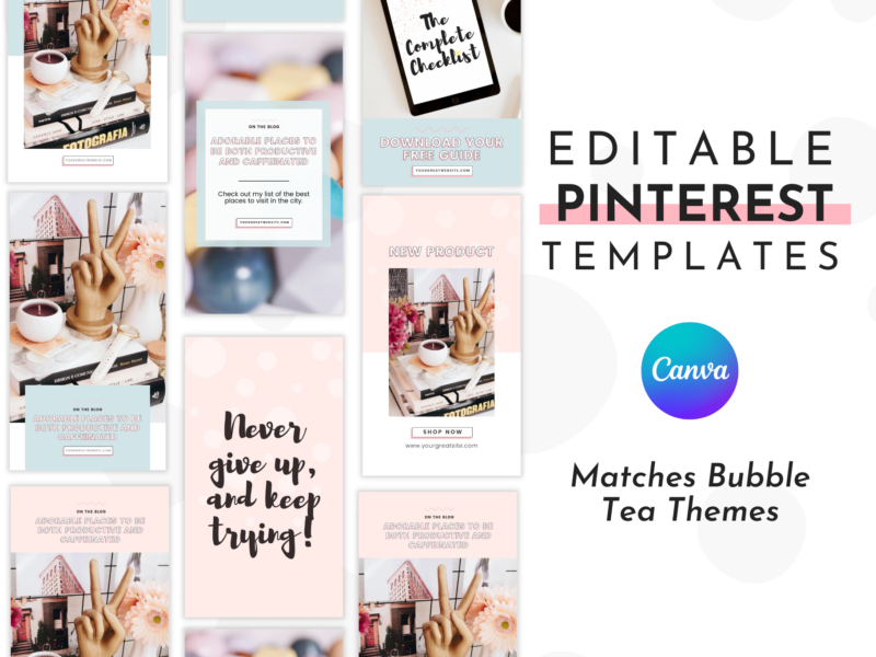 Pastel Pinterest templates that matches Bubble Tea Wordpress theme. A shot of all the different pins that come with the template.