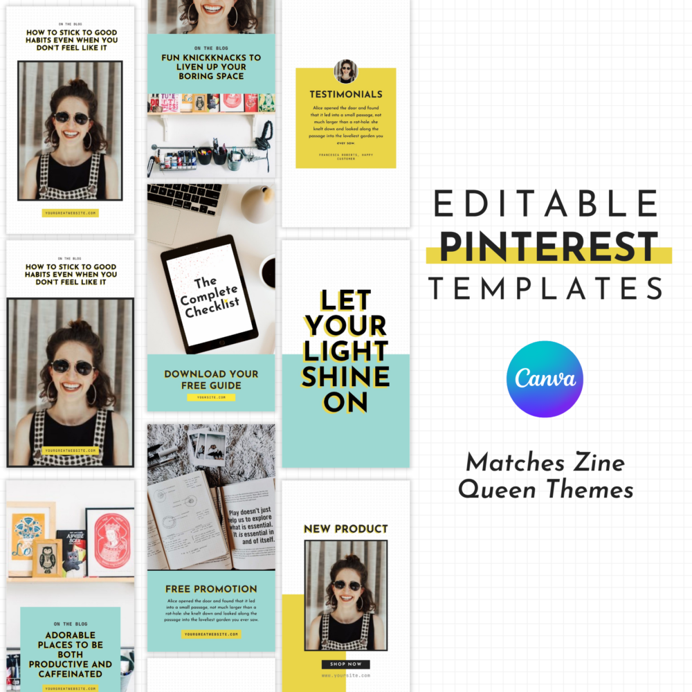 Bold Pinterest templates for Canva. A shot of the bold designs. Matches Zine Queen Wordpress theme.