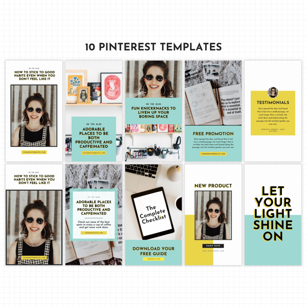 Zine Queen Pinterest templates come with 10 bold pin designs to choose from.