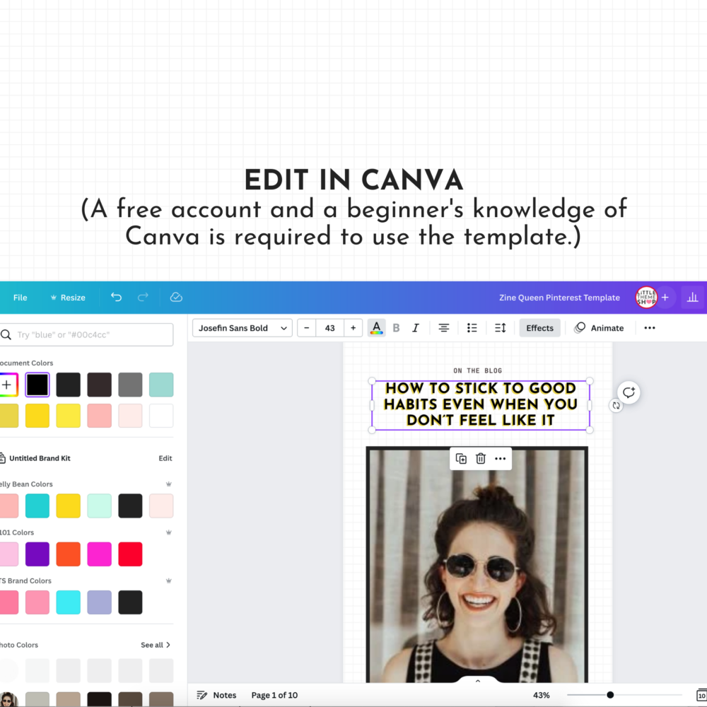 Easily edit Zine Queen Pinterest templates in Canva. A free account and basic knowledge of Canva required.