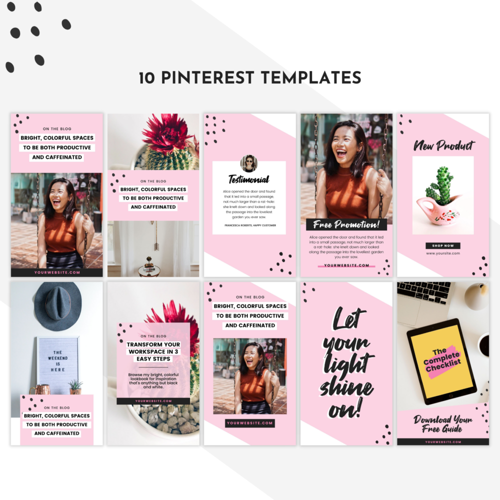 Feminine Pinterest templates that matches our Honey Glow themes. An image of the 10 Pinterest pin designs that come with the template, all girly and feminine.