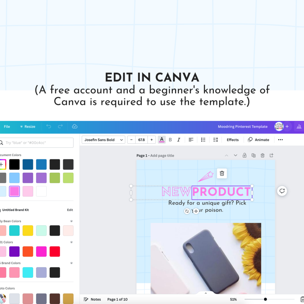 Easily edit Moodring Pinterest templates in Canva. A free accoun and beginner's knowledge required.