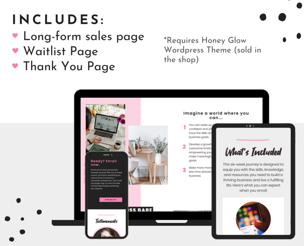Pink course sales templates for Wordpress come with a long-form course sales page, a waitlist page, and a thank you page.
