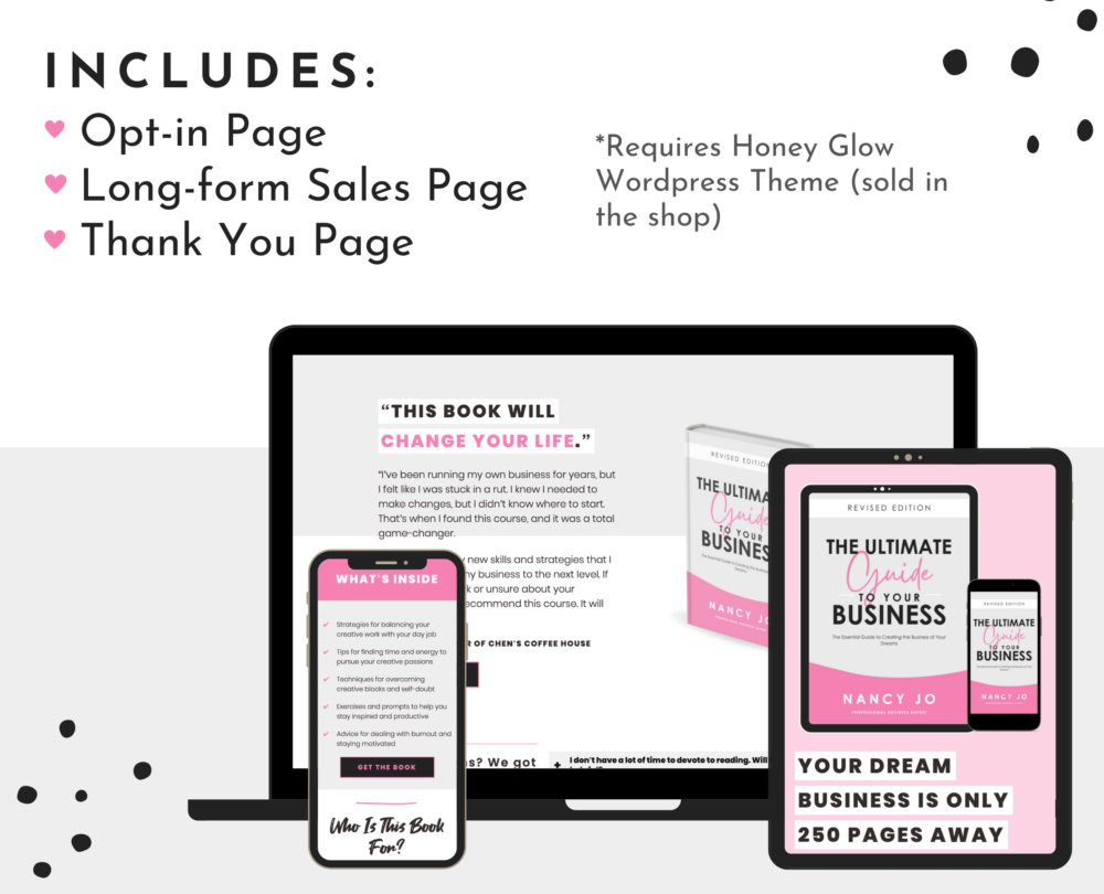 Pink ebook sales templates for Wordpress set include an opt-in page, a long-form sales paeg, and a thank you page.