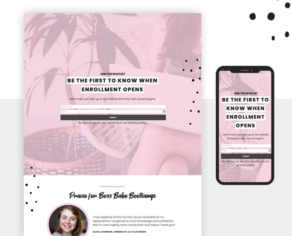 Pink waitlist template on both desktop and mobile.