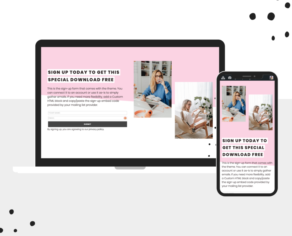 Pink opt-in template for Wordpress. A screenshot of the template on both desktop and mobile.