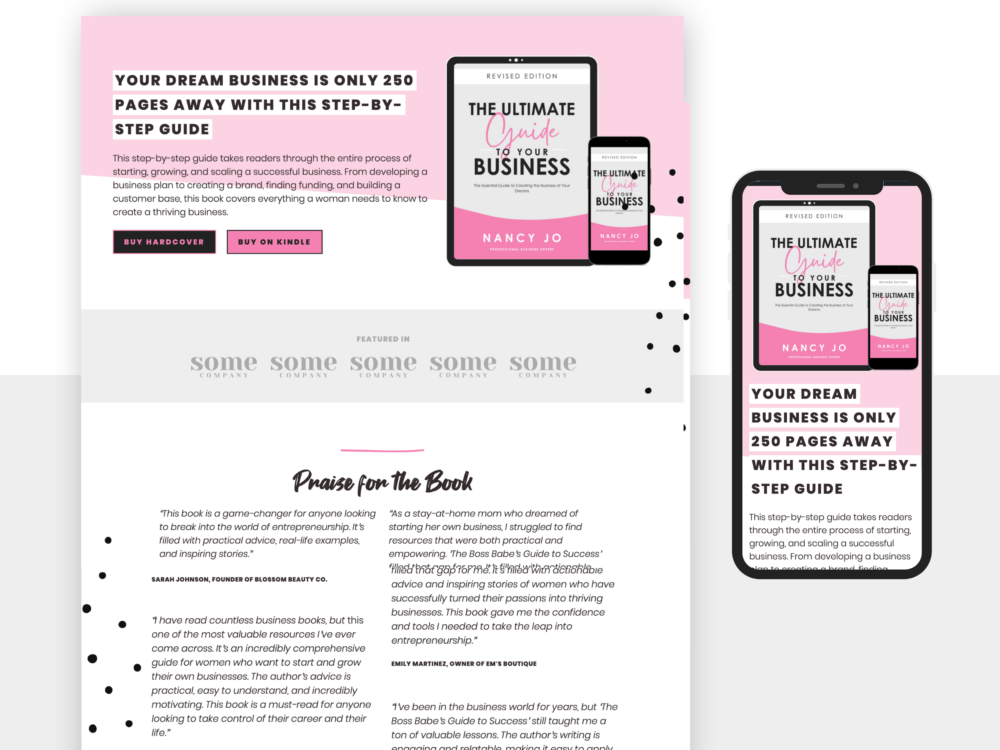 Pink ebook sales templates for Wordpress. A screenshot of the template on desktop and mobile