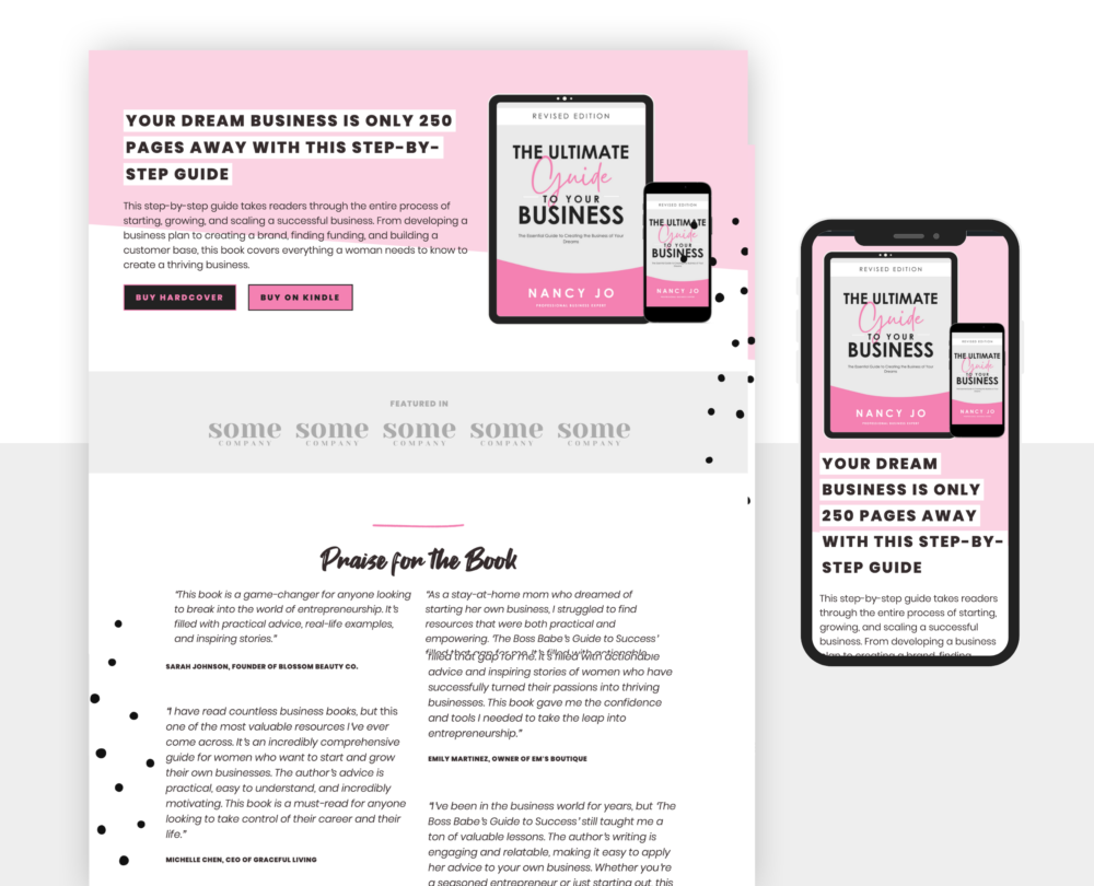 Pink ebook sales templates for Wordpress. A screenshot of the template on desktop and mobile