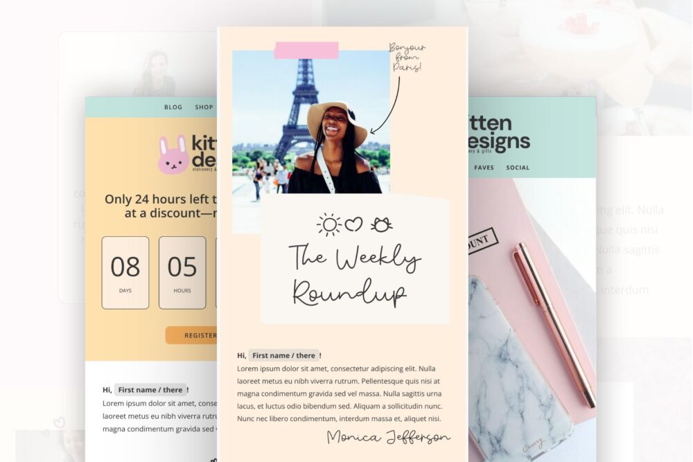 A picture of three cute Flodesk templates. This bundle includes four unique templates: one for blogs, one for events, one for courses, and one for e-commerce.