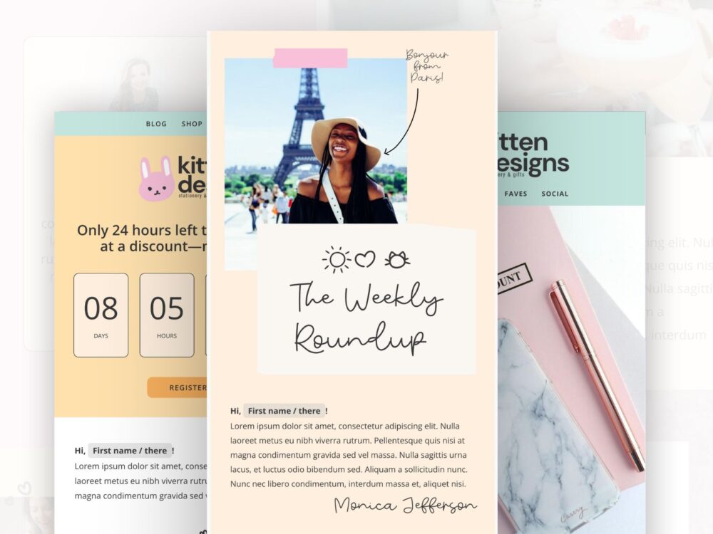 A picture of three cute Flodesk templates. This bundle includes four unique templates: one for blogs, one for events, one for courses, and one for e-commerce.