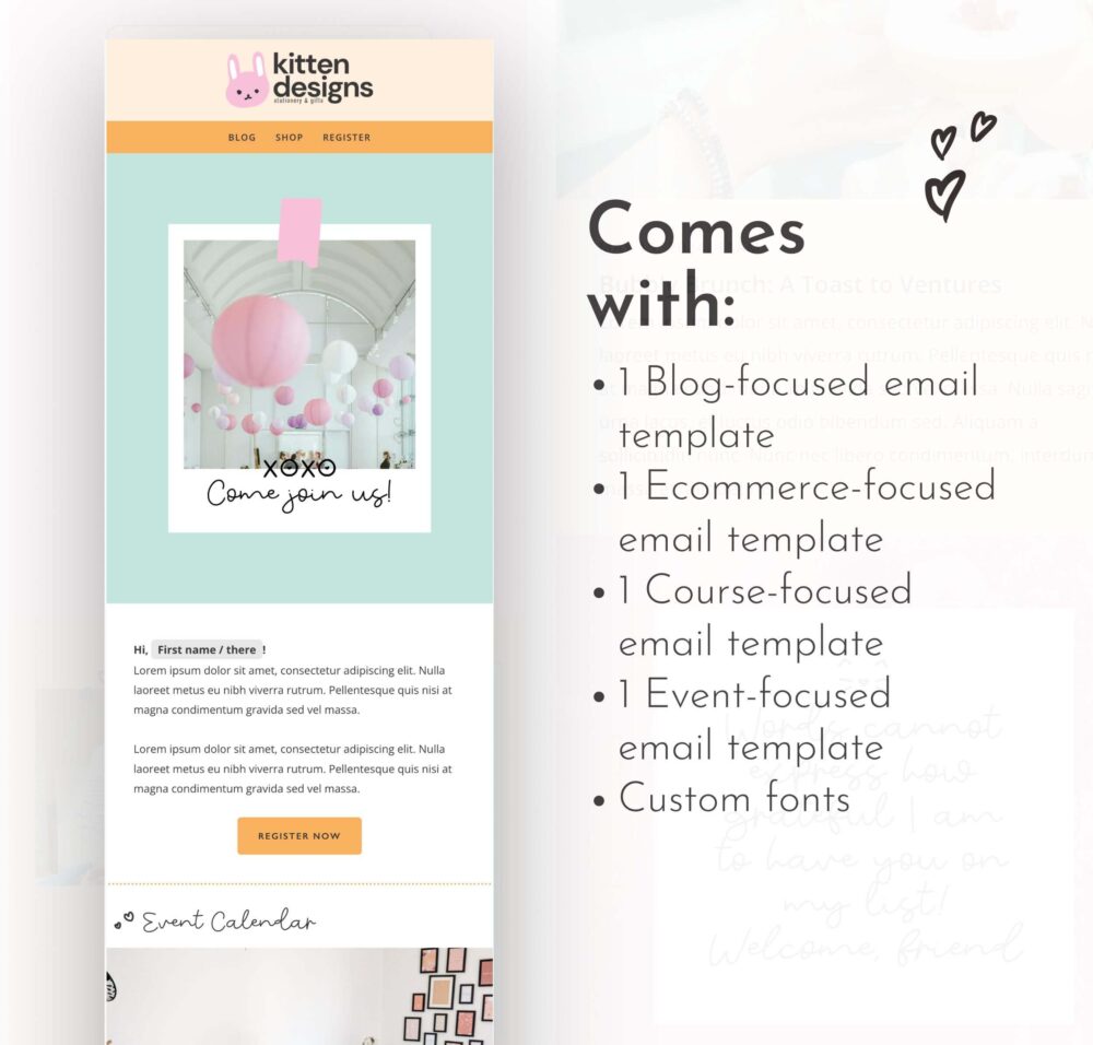 A picture of a cute Flodesk template, along with a list of the bundle's features. This bundle includes four unique templates: one for blogs, one for events, one for courses, and one for e-commerce.