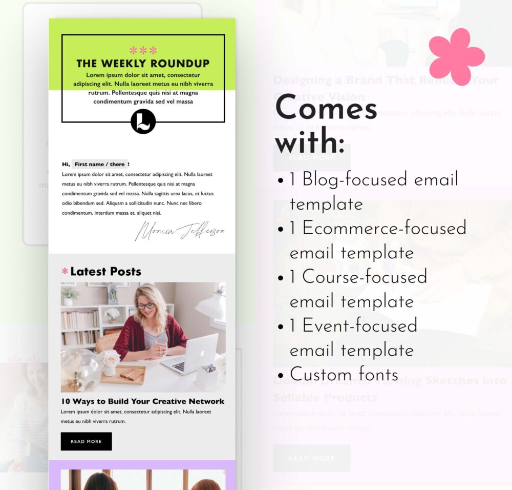 A picture of a colorful Flodesk template, along with a list of the bundle's features. This bundle includes four unique templates: one for blogs, one for events, one for courses, and one for e-commerce.