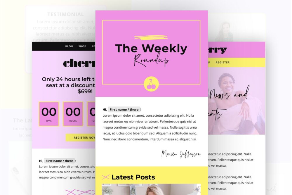 A picture of three pink Flodesk templates. This bundle includes four unique templates: one for blogs, one for events, one for courses, and one for e-commerce.