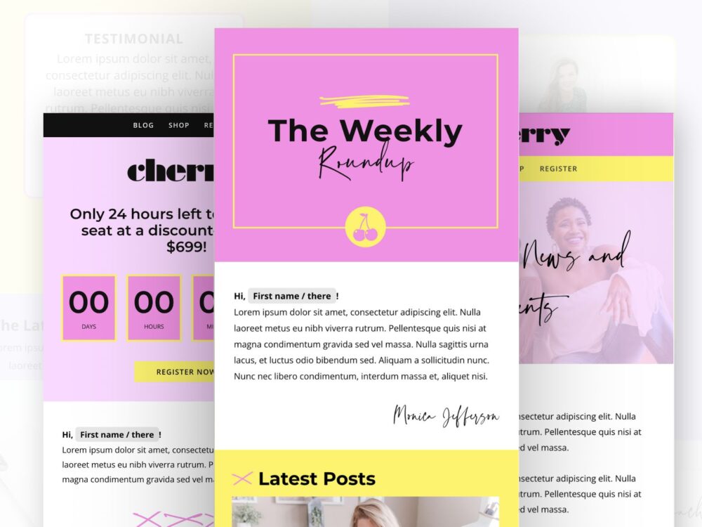 A picture of three pink Flodesk templates. This bundle includes four unique templates: one for blogs, one for events, one for courses, and one for e-commerce.