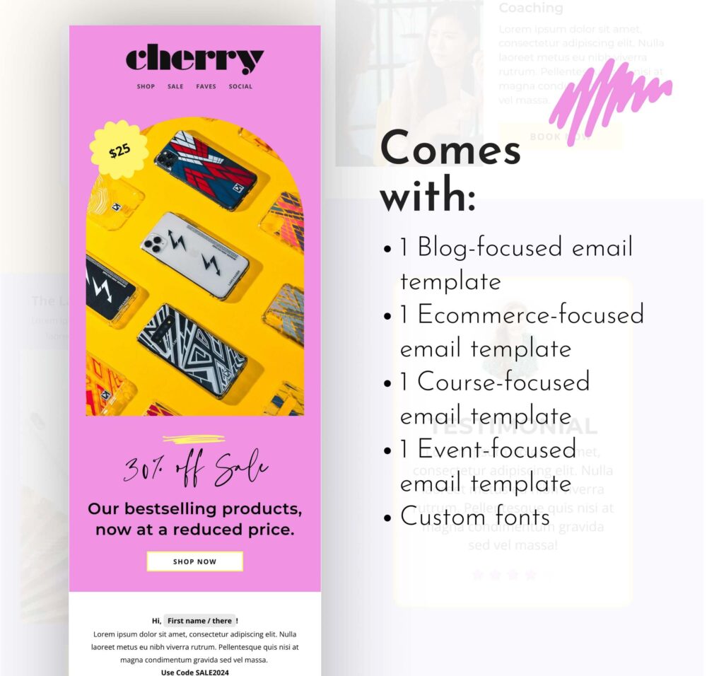 A picture of a pink Flodesk template, along with a list of the bundle's features. This bundle includes four unique templates: one for blogs, one for events, one for courses, and one for e-commerce.