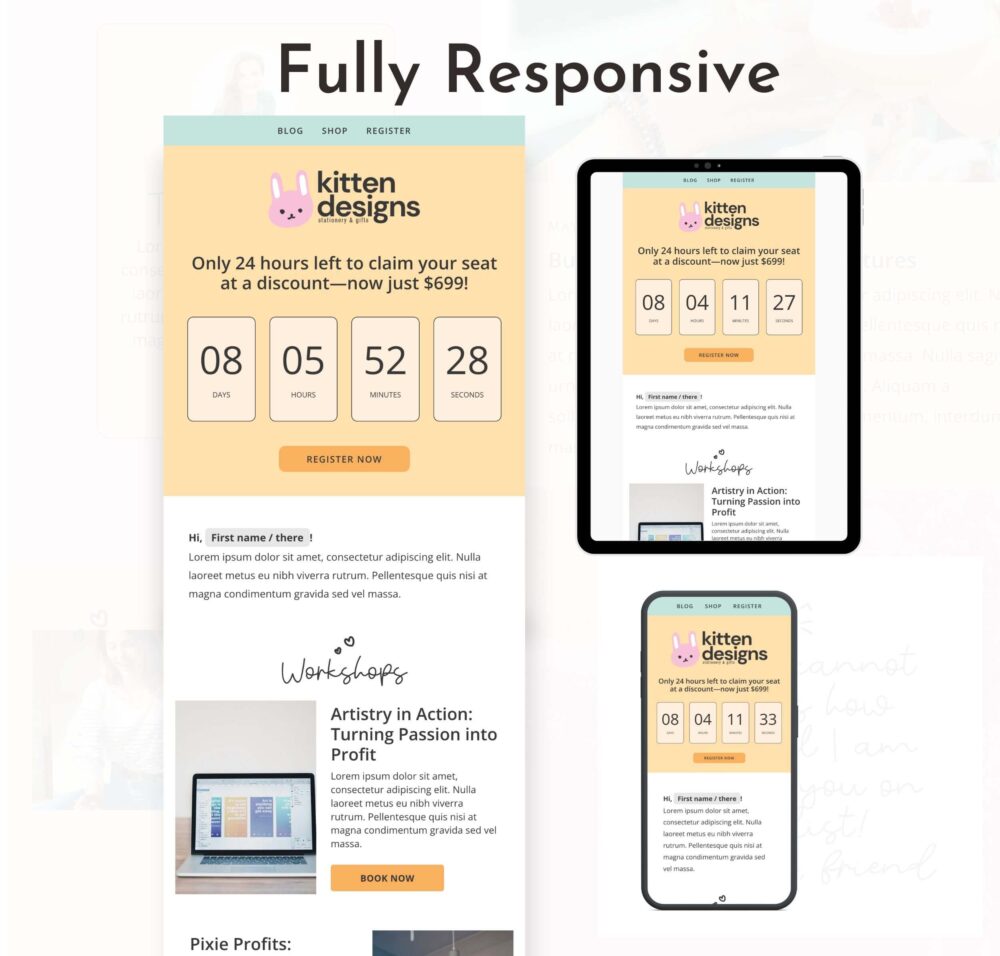 A picture of a cute Flodesk template on table and smartphone devices. These templates are fully responsive.