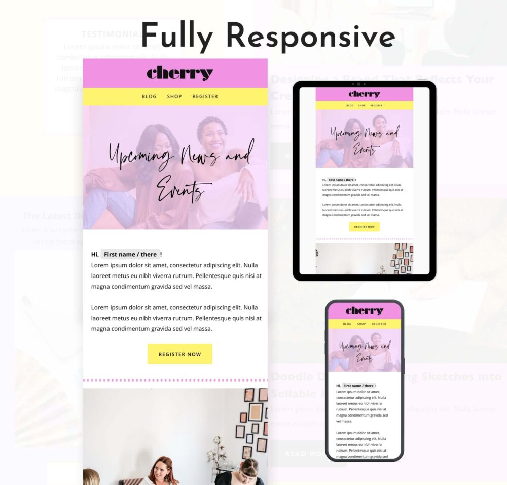 A picture of a pink Flodesk template on table and smartphone devices. These templates are fully responsive.