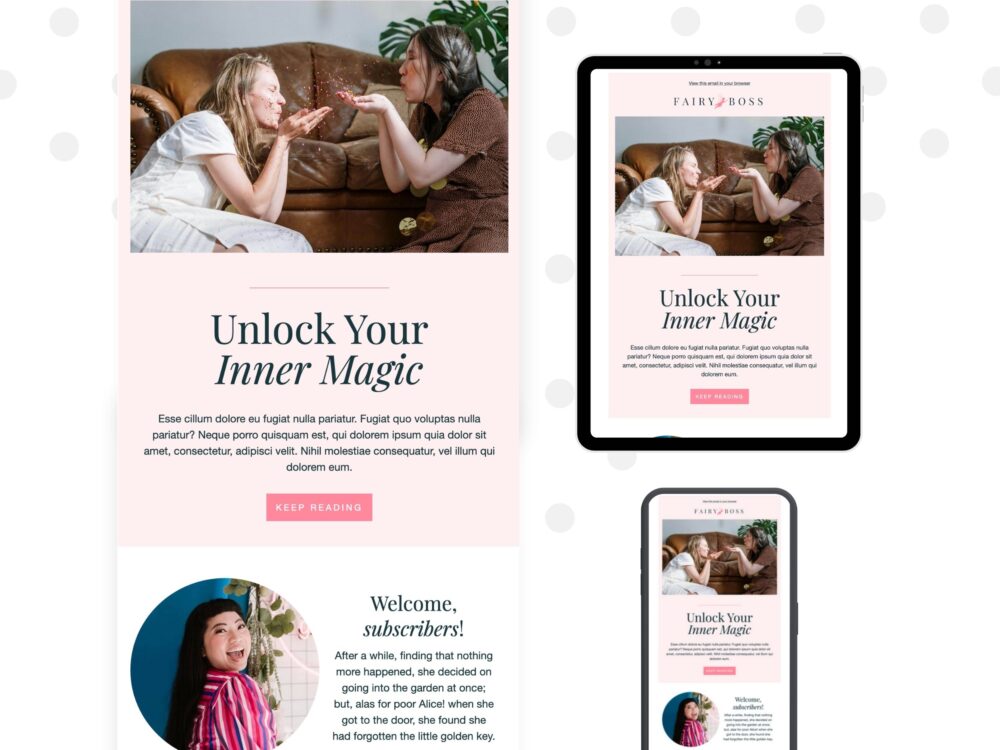 Professional Email template for Mailchimp. This cute newsletter template is fully editable and doesn't require Canva or Photoshop. Matches the Fairy Boss Wordpress theme (not included).