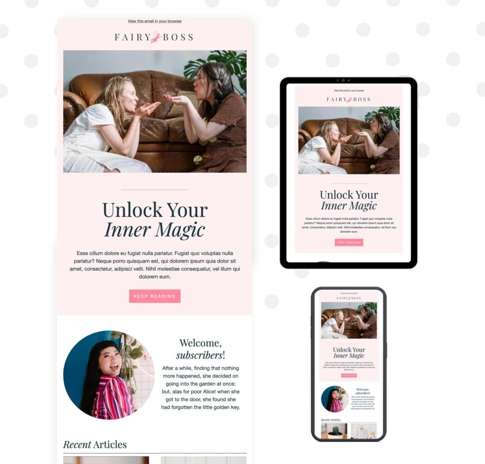 Professional Email template for Mailchimp. This cute newsletter template is fully editable and doesn't require Canva or Photoshop. Matches the Fairy Boss Wordpress theme (not included).