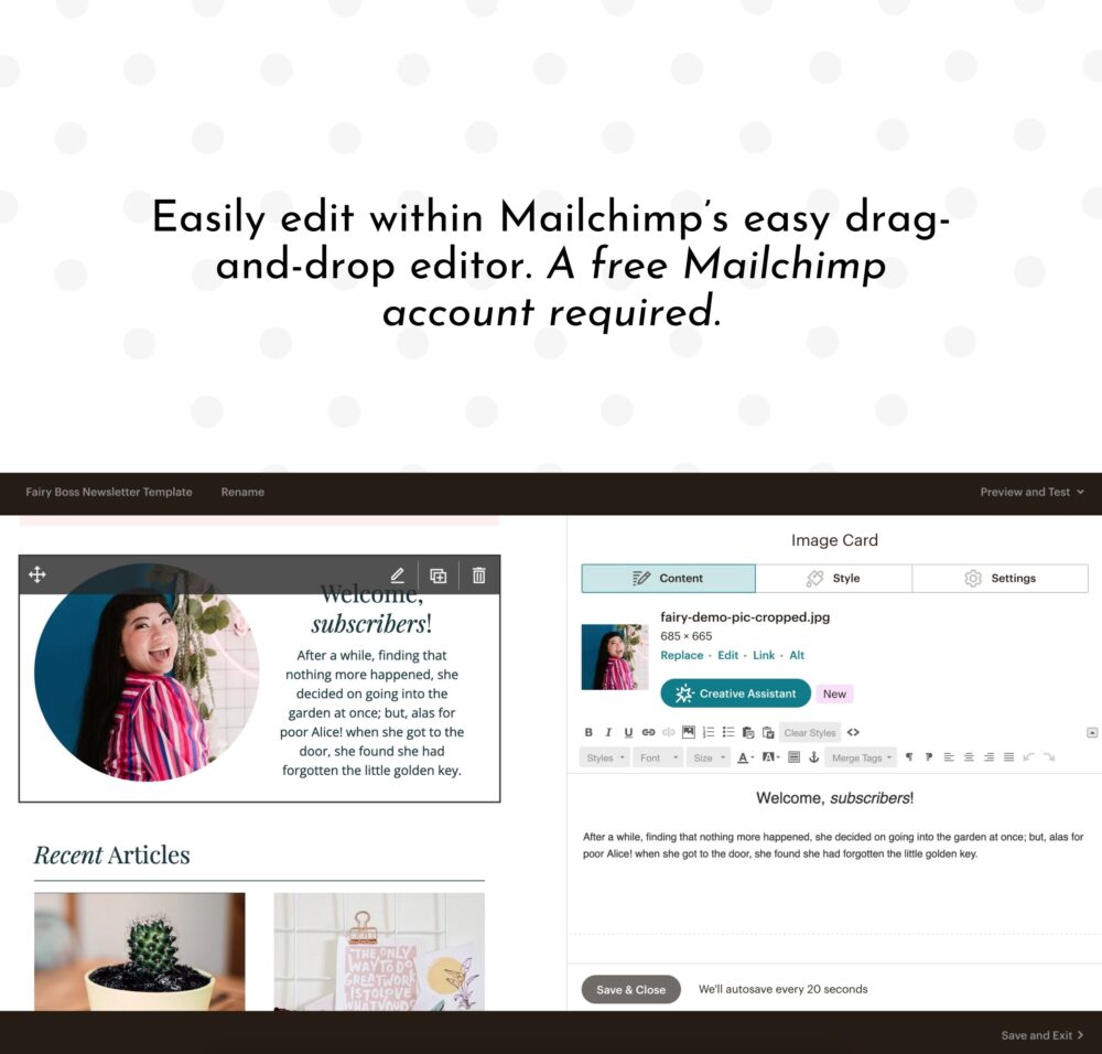 Easily edit the professional email template within Mailchimp's easy drag-and-drop editor. A free Mailchimp account is required.