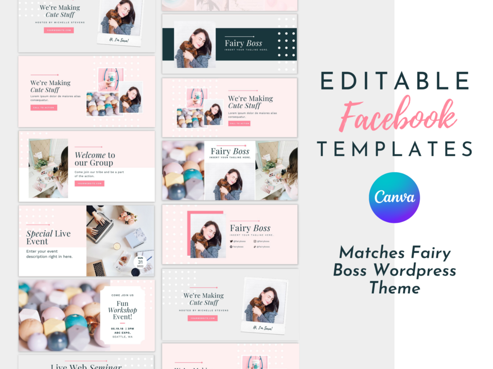 Professional Facebook templates for Canva! These cute, professional Facebook templates match the Fairy Boss Wordpress theme (not included).