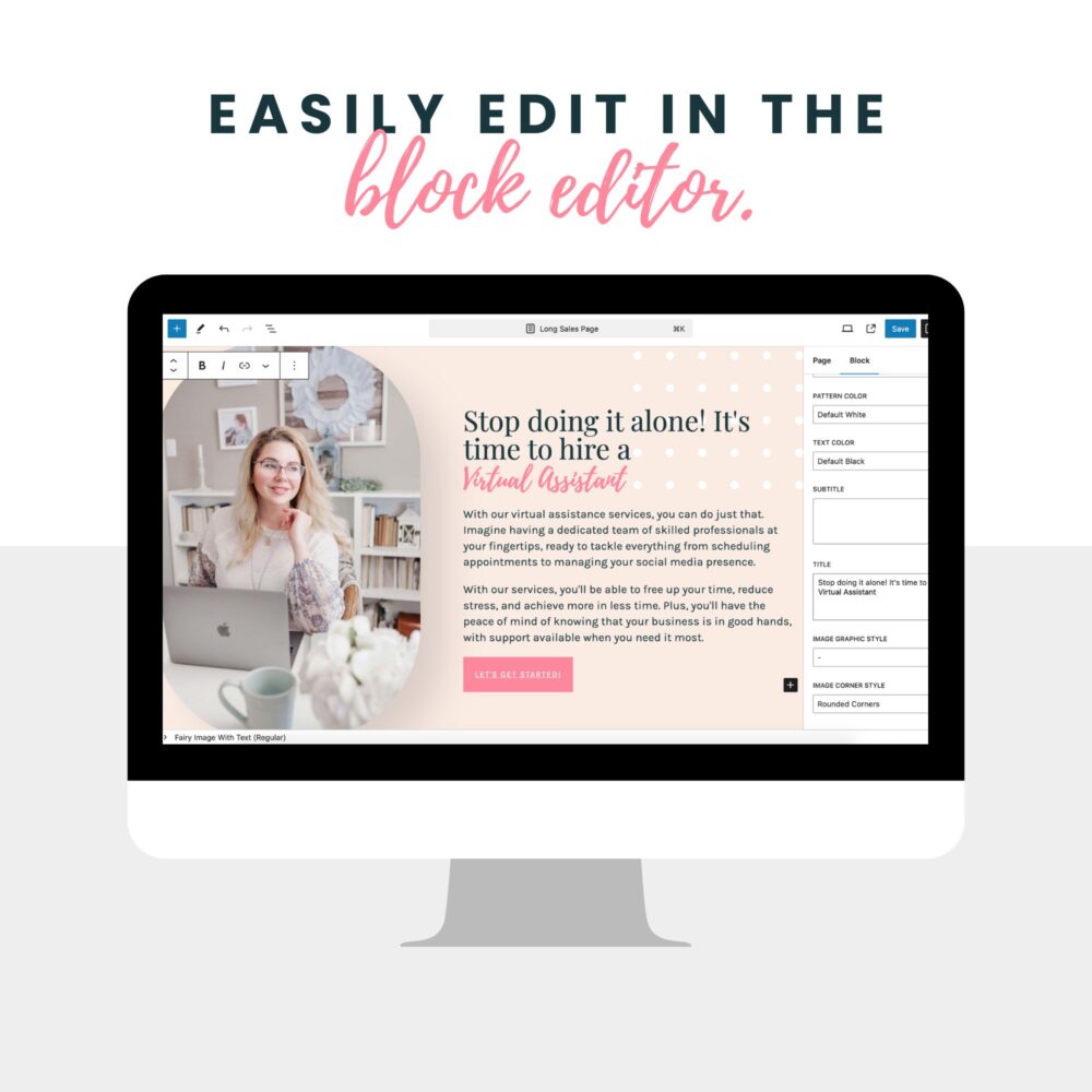 Easily edit the Fairy Boss sales funnel template set for Wordpress within the Block Editor.