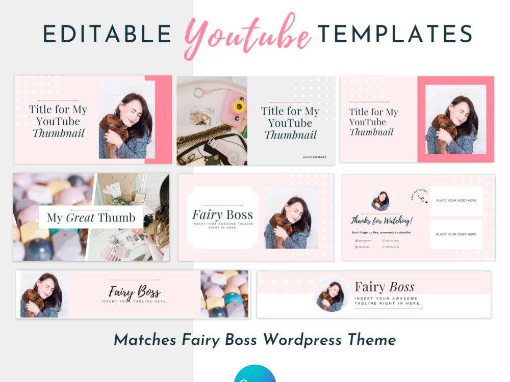 Cute, professional YouTube templates for Canva. Matches our Fairy Boss Wordpress theme (not included.)